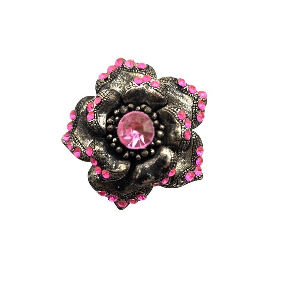 Vtg Brooch Art Deco Dark Silver Toned Pink Rhinestone Floral Petal Fairycore Pin - Picture 1 of 5